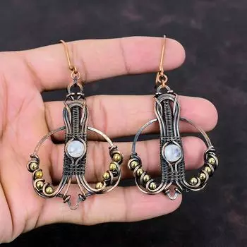 Серьги с радужным лунным камнем, обернутые медной проволокой, антикварные медные украшения, серьги с драгоценными камнями ручной работы, обернутые проволокой, подарок для женщин