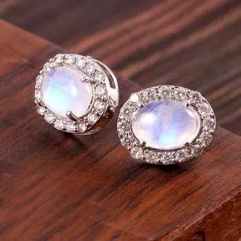 Серьги с радужным лунным камнем, овальные серьги-гвоздики с лунным камнем, стерлинговое серебро 925 пробы, серьги с радужным лунным камнем, июньский камень, подарок мамы для нее белый