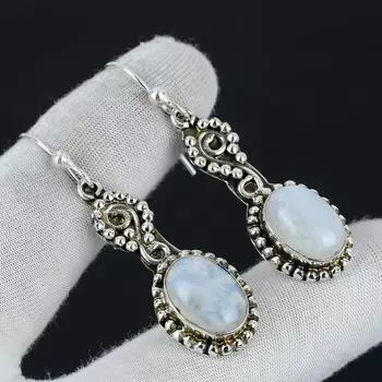 Серьги с радужным лунным камнем, серьги из стерлингового серебра 925 пробы, серьги ручной работы, серьги с лунным камнем, подарок для матери, серьги с драгоценными камнями 1.96 белый