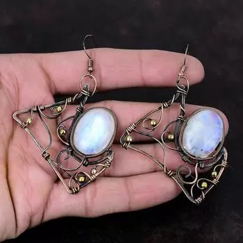 Серьги с радужным лунным камнем, серьги с медной проволокой, серьги ручной работы, ювелирные изделия с проволочной оберткой, серьги с настоящими драгоценными камнями, медные украшения, подарок для нее