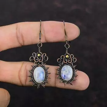 Серьги с радужным лунным камнем, серьги из медной проволоки, ювелирные изделия ручной работы, серьги с драгоценными камнями, медные украшения, подарок на годовщину, серьги с камнем