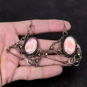 Серьги с родохрозитом, медная проволока, серьги с драгоценными камнями, антикварные медные украшения, серьги ручной работы, подарок на годовщину, ювелирные изделия из проволочной упаковки