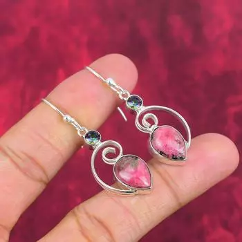 Серьги с родонитом, мистическим топазом, драгоценные камни, серьги ручной работы из чистого серебра 925 пробы, ювелирные изделия последнего дизайна 1.96 Inches розовый