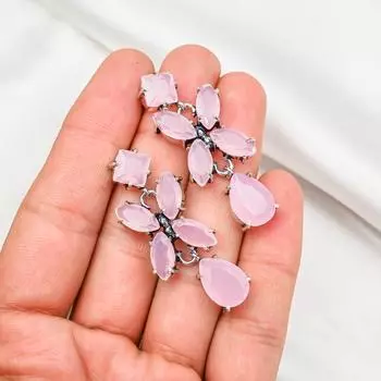 Серьги с розовым халцедоном, драгоценные камни, серьги ручной работы из цельного серебра 925 пробы, ювелирные изделия последнего дизайна 1.57 Inches розовый