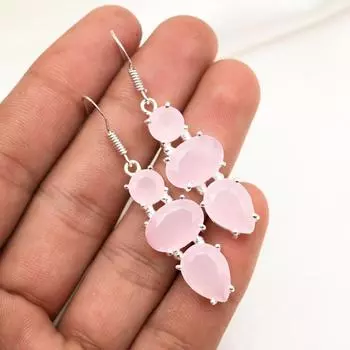 Серьги с розовым халцедоном, драгоценные камни, серьги ручной работы из цельного серебра 925 пробы, ювелирные изделия последнего дизайна 2.08 Inches розовый