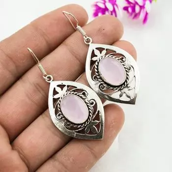 Серьги с розовым халцедоном, драгоценные камни, серьги ручной работы из цельного серебра 925 пробы, ювелирные изделия последнего дизайна 1.77 Inches розовый