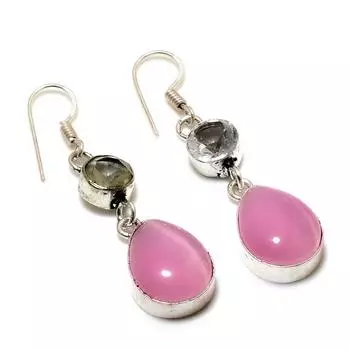 Серьги с розовым халцедоном и белым топазом, посеребренные 925 пробы, 1,89 дюйма