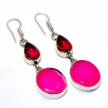 Серьги с розовым кружевным агатом и розовым рубиллитом, посеребренные 925 пробы, 2,08 дюйма