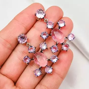 Серьги с розовым кунцитом, драгоценные камни, серьги из чистого серебра 925 пробы, серьги ручной работы с камнями по дате рождения, подарок для него 1.57 Inches розовый