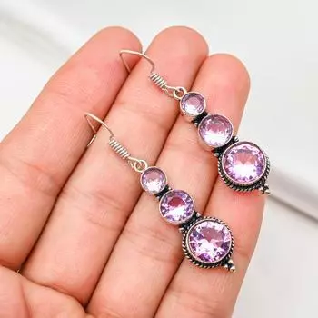 Серьги с розовым кунцитом, драгоценные камни, серьги из чистого серебра 925 пробы, серьги ручной работы с камнями по дате рождения, подарок для него 2.16 Inches розовый