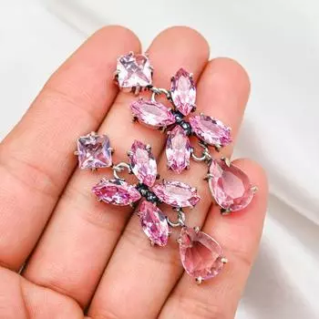 Серьги с розовым кунцитом, драгоценные камни, серьги из чистого серебра 925 пробы, серьги ручной работы с камнями по дате рождения, подарок для него 1.96 Inches розовый