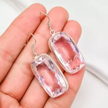 Серьги с розовым кунцитом, драгоценные камни, серьги из чистого серебра 925 пробы, серьги ручной работы с камнями по дате рождения, подарок для него 1.96 Inches розовый