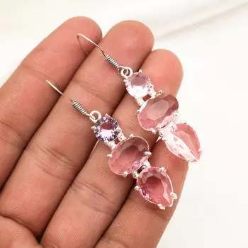 Серьги с розовым кунцитом, драгоценные камни, серьги из чистого серебра 925 пробы, серьги ручной работы с камнями по дате рождения, подарок для него 2.08 Inches розовый