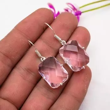 Серьги с розовым кунцитом, драгоценные камни, серьги из чистого серебра 925 пробы, серьги ручной работы с камнями по дате рождения, подарок для него 1.57 Inches розовый