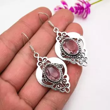 Серьги с розовым кунцитом, драгоценные камни, серьги из чистого серебра 925 пробы, серьги ручной работы с камнями по дате рождения, подарок для него 2.16 Inches розовый