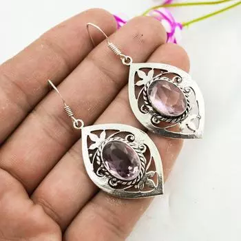 Серьги с розовым кунцитом, драгоценные камни, серьги из чистого серебра 925 пробы, серьги ручной работы с камнями по дате рождения, подарок для него 1.77 Inches розовый