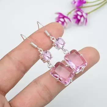 Серьги с розовым кунцитом, драгоценные камни, серьги из чистого серебра 925 пробы, серьги ручной работы с камнями по дате рождения, подарок для него