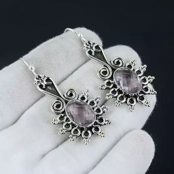 Серьги с розовым кунцитом, овальные серьги с драгоценным камнем, серьги из стерлингового серебра 925 пробы, серьги с кунцитом, женские серьги, подарки, ювелирные изделия 2.36 розовый