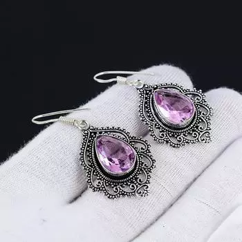Серьги с розовым кунцитом, серьги с драгоценными камнями, старинные серебряные серьги с розовым кунцитом, ювелирные изделия из цельного серебра 925 пробы, серьги с драгоценными камнями для нее 1.57 розовый
