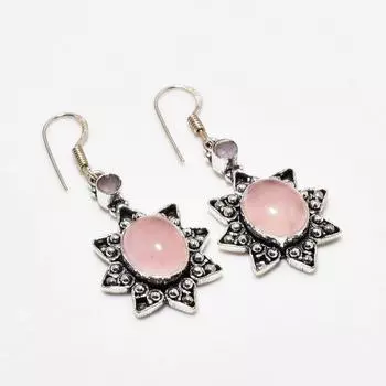 Серьги с розовым кварцем и розовым халцедоном, посеребренные 925 пробы, 1,89 дюйма