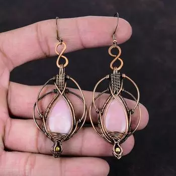 Серьги с розовым опалом, серьги из медной проволоки, ювелирные изделия ручной работы из драгоценных камней, очень красивые висячие серьги, подарок для матери, ювелирные изделия из медной проволоки