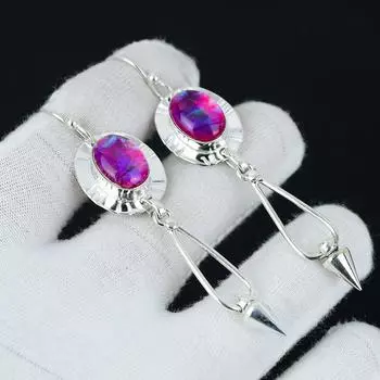 Серьги с розовым тройным опалом, серебряные серьги, овальные серьги ручной работы с драгоценными камнями, серьги из стерлингового серебра 925 пробы, серьги с драгоценными камнями, серьги для медитации 3.14 розовый