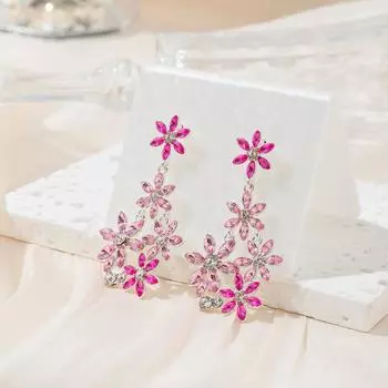 Серьги с розовыми цветами Летние серьги-подвески из сплава с кубическим цирконием в пасторальном стиле розовый