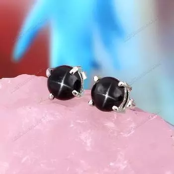 Серьги с сапфиром Black Star , Ювелирные серьги , Серьги-гвоздики с сапфиром Black Star , Свадебные шпильки , Черные серьги-гвоздики , Серьги на каждый день , Подарок чёрный