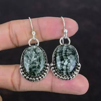 Серьги с серафинитом, серьги из стерлингового серебра 925 пробы, абсолютно новые серьги ручной работы, серьги последнего дизайна, ювелирные изделия из драгоценных камней серафинита, подарки для мамы