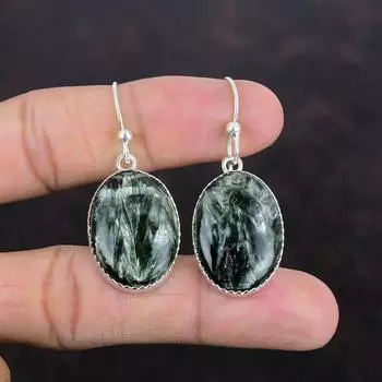 Серьги с серафинитом, серьги с драгоценными камнями высшего качества, ювелирные изделия ручной работы в стиле бохо, серьги из стерлингового серебра 925 пробы, натуральные ювелирные изделия серафинита, подарки для мамы