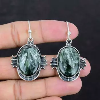 Серьги с серафинитом, серьги с драгоценными камнями, достойные ювелирные изделия, серьги из стерлингового серебра 925 пробы, серьги ручной работы, оригинальные ювелирные изделия серафинит, подарки для мамы