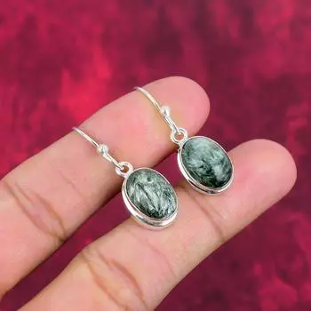 Серьги с серафинитом, ювелирные изделия из цельного стерлингового серебра 925 пробы с драгоценными камнями, серьги ручной работы, на День благодарения 1.50 Inches зелёный
