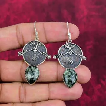Серьги с серафинитом, ювелирные изделия из цельного стерлингового серебра 925 пробы с драгоценными камнями, серьги ручной работы, на День благодарения 2.24 Inches зелёный