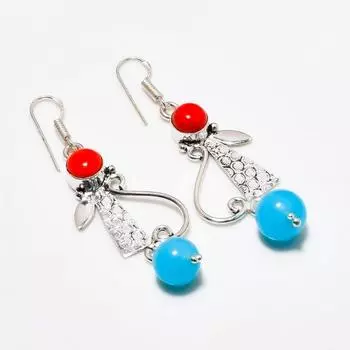 Серьги с серебряным покрытием 925 пробы, синий халцедон, итальянский красный коралл, 1,89 дюйма