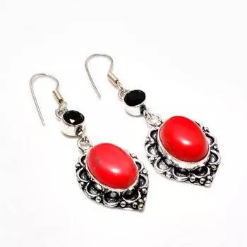 Серьги с серебряным покрытием 925 пробы, итальянский красный коралл и черная шпинель, 2,27 дюйма