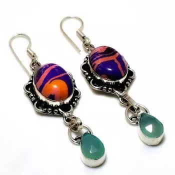 Серьги с серебряным покрытием 925 пробы, радужный кальций, халцедон, 2,38 дюйма