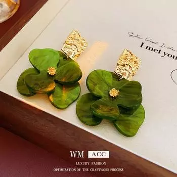 Серьги с серебряными иглами, акриловые зеленые цветы, персонализированные серьги во французском стиле ретро, элегантные и роскошные серьги зелёный