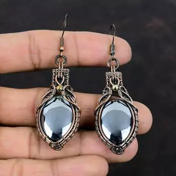 Серьги с шунгитом, серьги из медной проволоки, серьги ручной работы из настоящего драгоценного камня, медные ювелирные изделия, серьги-капли, подарки на годовщину, ювелирные изделия из проволочной обертки