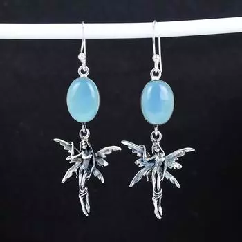 Серьги с синим ангелитом, старинные серьги из стерлингового серебра 925 пробы, серьги-подвески из серебра в стиле бохо, подарки для вечеринок, подарки для нее 2.95 синий
