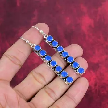 Серьги с синим халцедоном, драгоценные камни, серьги из чистого серебра 925 пробы, подарок для женщин, серьги ручной работы 2.91 Inches синий