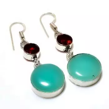 Серьги с синим халцедоном и гранатом, посеребренные 925 пробы, 1,89 дюйма