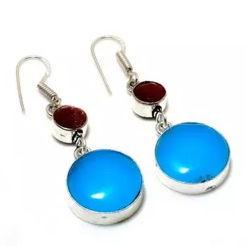 Серьги с синим халцедоном и красным солнечным камнем, посеребренные 925 пробы, 1,89 дюйма