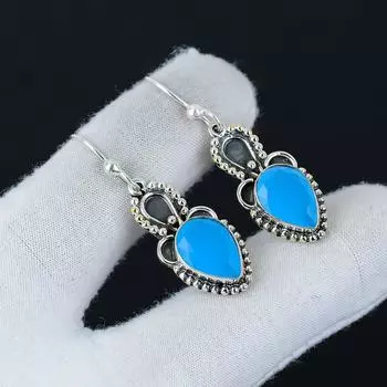 Серьги с синим халцедоном, серьги из стерлингового серебра 925 пробы, серьги-подвески из серебра ручной работы в стиле бохо, подарки на День благодарения 1.96 синий
