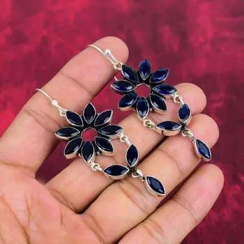 Серьги с синим сапфиром, драгоценные камни ручной работы, 925 пробы, серьги из стерлингового серебра, антикварные ювелирные изделия, для подарка на помолвку 3.03 Inches синий