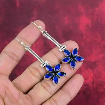 Серьги с синим сапфиром, серьги с драгоценными камнями ручной работы, серьги из цельного серебра 925 пробы, антикварные ювелирные изделия, для подарка на помолвку 2.87 Inches синий