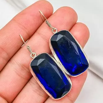 Серьги с синим сапфиром, серьги с драгоценными камнями ручной работы, серьги из цельного серебра 925 пробы, антикварные ювелирные изделия, для подарка на помолвку 1.96 Inches синий