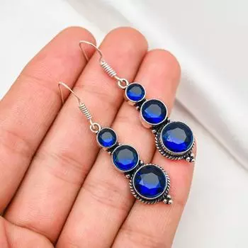 Серьги с синим сапфиром, серьги с драгоценными камнями ручной работы, серьги из цельного серебра 925 пробы, антикварные ювелирные изделия, для подарка на помолвку 1.96 Inches синий