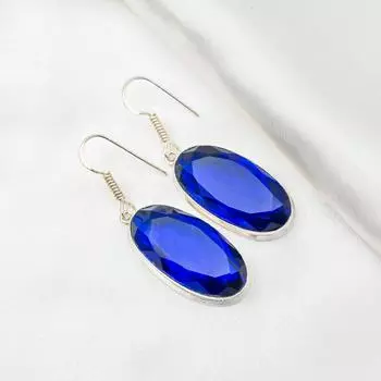 Серьги с синим сапфиром, серьги с драгоценными камнями ручной работы, серьги из цельного серебра 925 пробы, антикварные ювелирные изделия, для подарка на помолвку 2.16 Inches синий