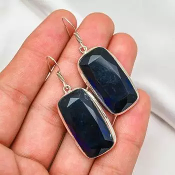 Серьги с синим сапфиром, серьги с драгоценными камнями ручной работы, серьги из цельного серебра 925 пробы, антикварные ювелирные изделия, для подарка на помолвку 1.96 Inches синий