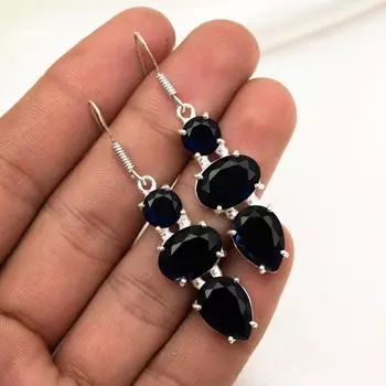 Серьги с синим сапфиром, серьги с драгоценными камнями ручной работы, серьги из цельного серебра 925 пробы, антикварные ювелирные изделия, для подарка на помолвку 2.08 Inches чёрный